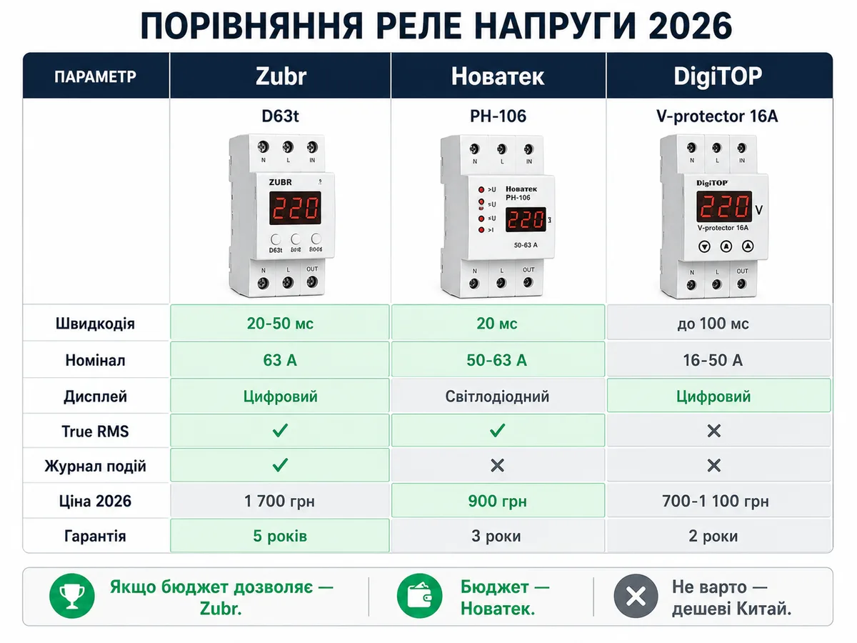 Порівняльна таблиця реле напруги Zubr D63t vs Новатек РН-106 vs DigiTOP V-protector: швидкодія, номінал, дисплей, True RMS, журнал подій, ціна 2026 та гарантія
