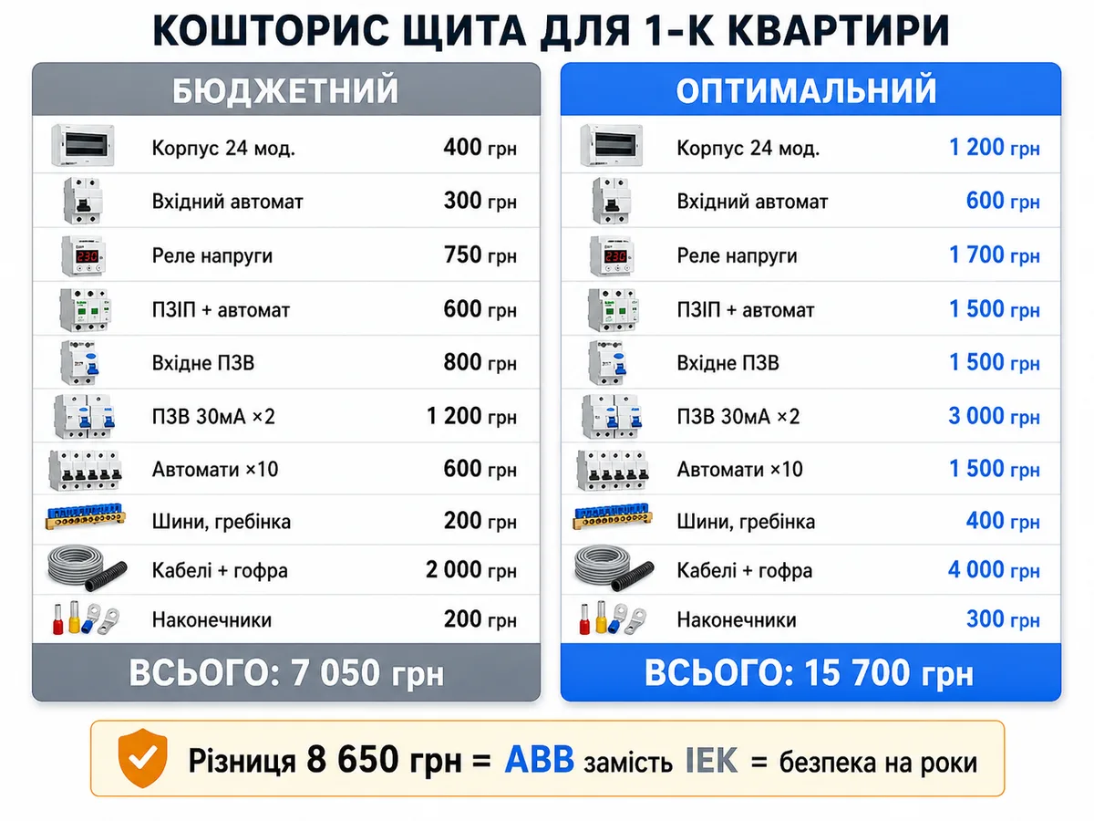 Кошторис щита для 1-кімнатної квартири: порівняння бюджетного варіанту (7050 грн) та оптимального з ABB (15700 грн) — різниця 8650 грн за повну специфікацію