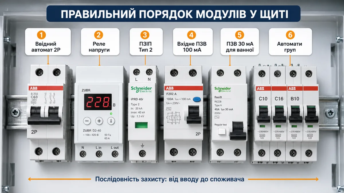 Правильний порядок модулів в електрощиті зліва направо: ввідний автомат 2P, реле напруги, ПЗІП Тип 2, вхідне ПЗВ 100 мА, ПЗВ 30 мА для ванної, автомати груп